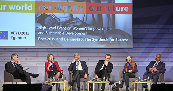 Panel 3: Strengthening the Dimension of Women’s Economic Empowerment in Post-2015 framework. From left to right: Simon Maxwell, conference moderator, Baroness Lindsay Northover, Parliamentary Under Secretary of State for International Cooperation, United Kingdom, Martin Bille Hermann, State Secretary for Development of Denmark, Andris Piebalgs, the former European Commissioner for Development, Caren Grown, Senior Director for Gender, World Bank and Debapriya Bhattacharya, Chair of the Southern Voice on the UN Post-2015 process. Photo: EU2015.LV