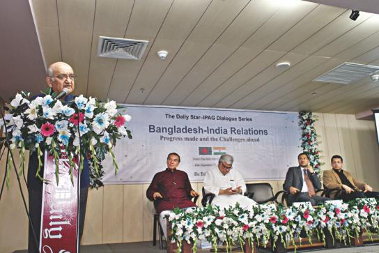 Eminent economist Prof Rehman Sobhan speaks at a dialogue on “Bangladesh-India relations: progress made and challenges ahead”, jointly organised by The Daily Star and the Institute for Policy, Advocacy, and Governance, at The Daily Star Centre in Dhaka yesterday. Photo: Star