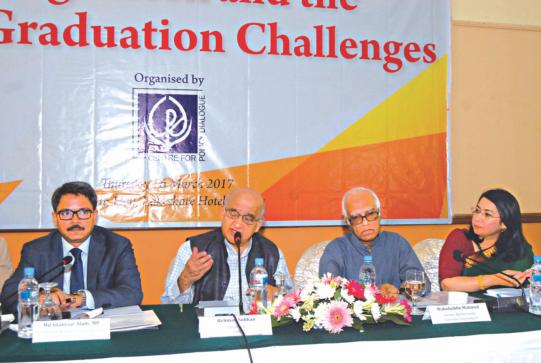 Rehman Sobhan, chairman of Centre for Policy Dialogue, speaks at a discussion at Lakeshore Hotel in Dhaka yesterday. Md Shahriar Alam, state minister for foreign affairs, Wahiduddin Mahmud, an economist, and Fahmida Khatun, executive director of CPD, are also seen. Photo: CPD